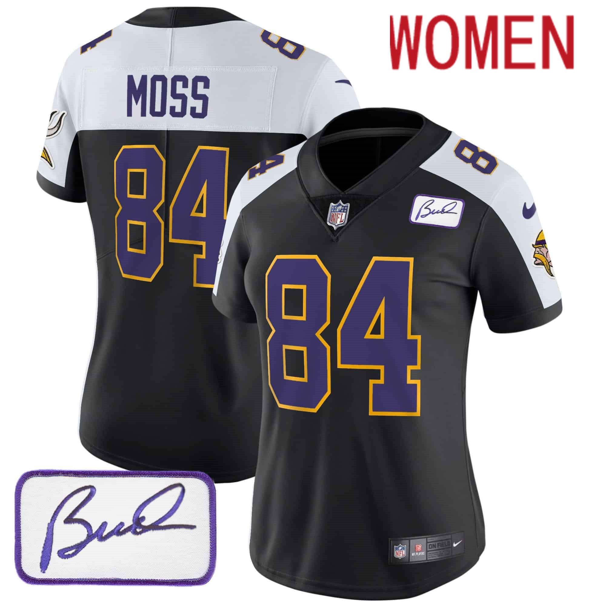 Women Minnesota Vikings 84 Moss Black 2024 Nike Bud Grant Patch Classic Limited NFL Jersey style 1